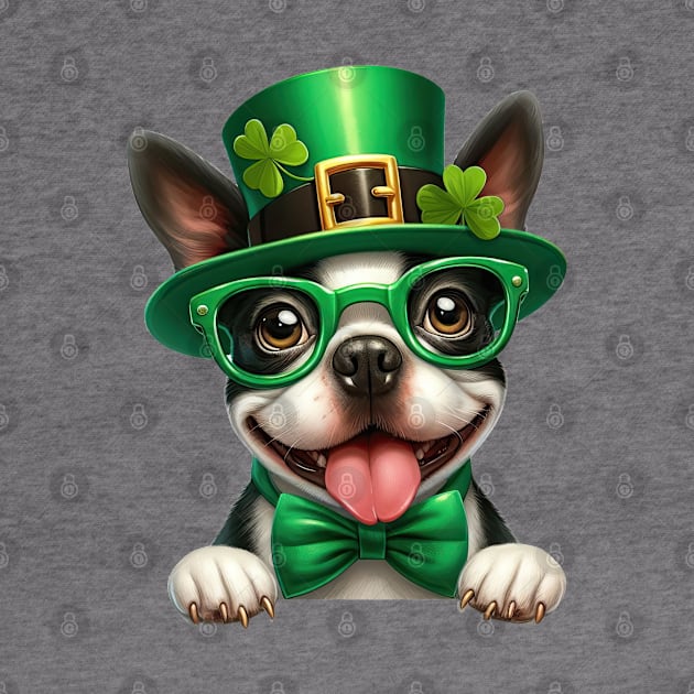 St Patricks Day Peeking Boston Terrier Dog by Chromatic Fusion Studio